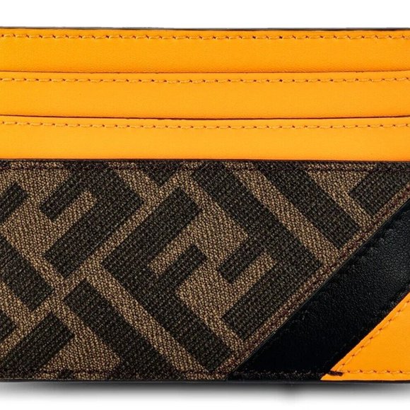 FENDI 'FF Logo w/ Orange Detail' Authentic Men's Canvas/Leather Card Holder NWT! - Picture 7 of 15